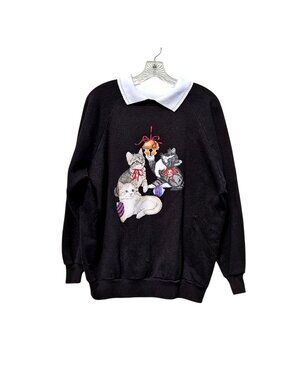 Vintage 90s Christmas Cat Sweatshirt Black 1X Gopher Sport